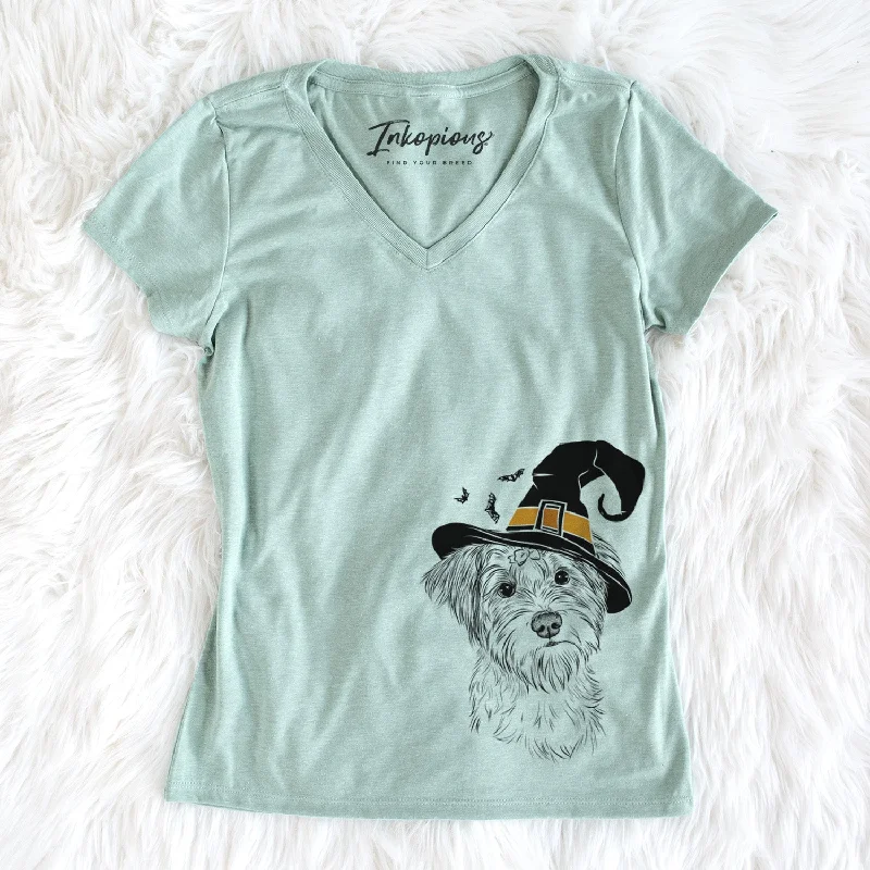 Witch Birdee the Schnauzer Mix - Women's Perfect V-neck Shirt-- Mesh Blend Leather Blend Suede Blend