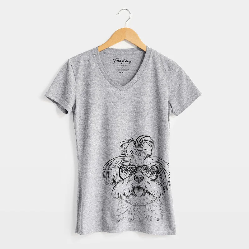 Aviator Pebbles the Shorkie - Women's V-neck Shirt-- Real Fur Shearling Chenille