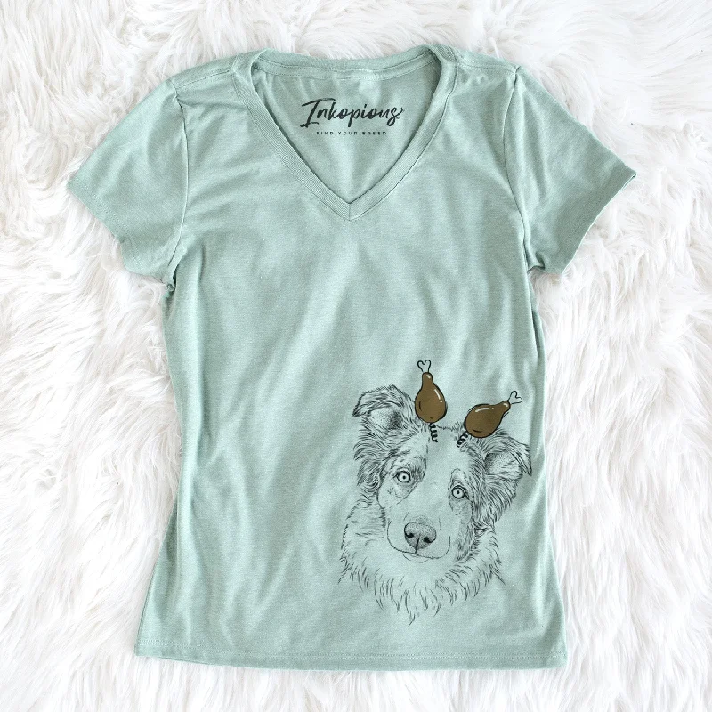 Thanksgiving HoneyBee the Miniature Australian Shepherd - Women's Perfect V-neck Shirt-- Spandex Blend Rayon Blend Denim Blend