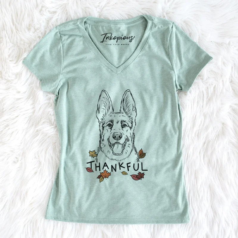Thankful Brutus the German Shepherd - Women's V-neck Shirt-- Asymmetrical Pockets Print