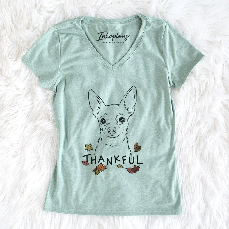 Thankful Martini the Chihuahua - Women's V-neck Shirt-- Ribbed Striped Patterned