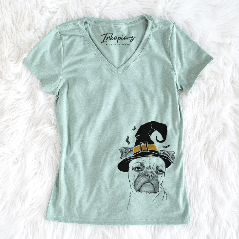 Witch Mack the Bugg (Boston Terrier/Pug) - Women's Perfect V-neck Shirt-- Spandex Blend Rayon Blend Denim Blend