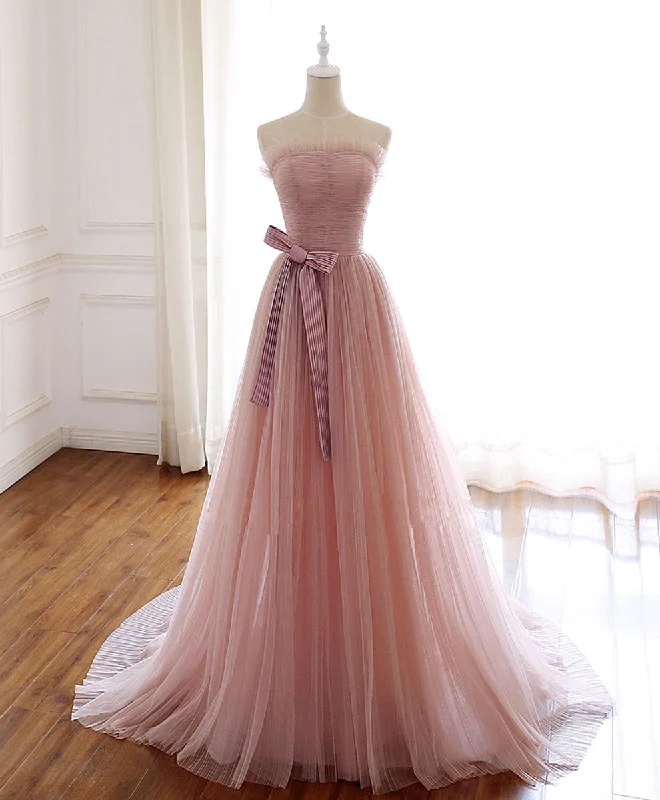 Simple Pink Tulle Long Prom Dress, Aline Pink Tulle Formal Party Dresses Tunics Recommended stylist