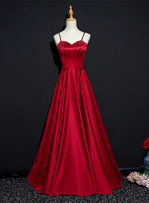 Wine Red Satin Beaded Sweetheart Party Dress, A-line Wine Red Prom Dress Tunics Modern contemporary