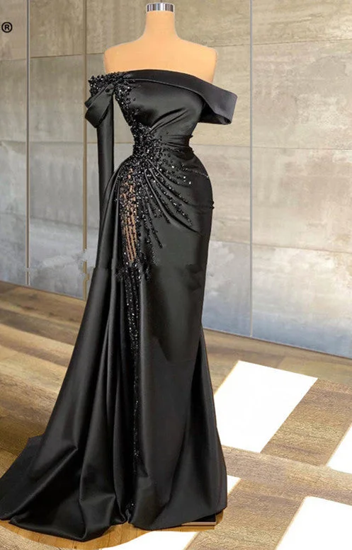 Sexy Black Long Satin Prom Dress Off The Shoulder See Through Beaded Top Pageant Women Party Dresses C2196 Halter Neckline Beach