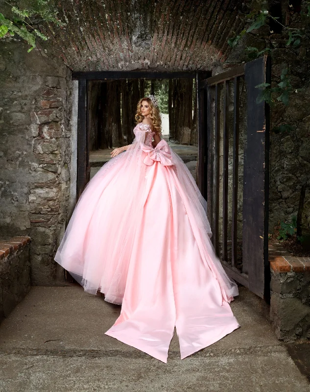 Nina Canacci Q122 Quinceanera Dress Bows and Butterflies Off the Shoulder Flowy Cape Arms Oversize Bow Tunics Satin smooth