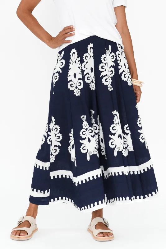 Bertha Navy Abstract Wide Leg Pants Stylish Slim Trousers