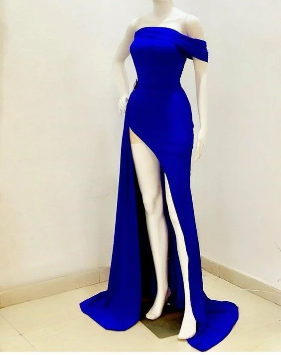 Long African dress for prom,prom gowns,African party dress,blue mermaid prom dress with slit,African clothing for women C1652 Crew Neckline Sporty