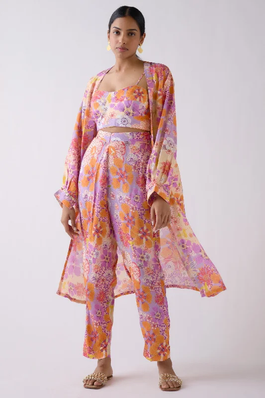 51Z110-RO Lilac Floral Muslin Pant Set With Cape Relaxed High-Waist Trousers