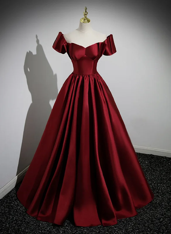 Wine Red Satin Long Party Dress, Off Shoulder Sweetheart Floor Length Prom Dress Tunics Long Elegant