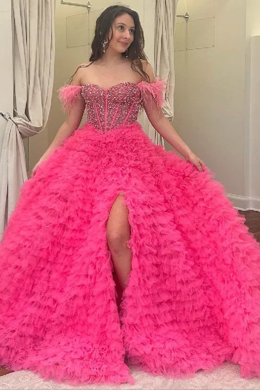 Hot Pink Off Shoulder Beaded Tulle Tiered Long Prom Party Dress with Slit,DP1001 Square Neckline Feminine