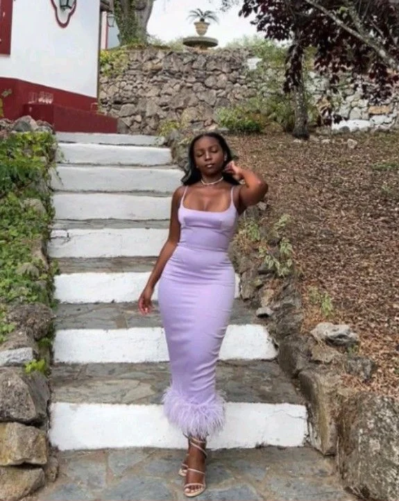 Lilac Spaghetti Straps Sheath Ankle Length Party Dress with Feather,DP1279 Sequined Elegant Party