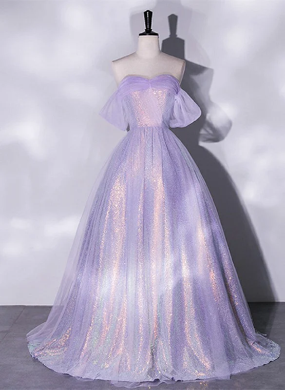Lavender Tulle and Sequins Long Prom Dress, Off Shoulder A-line Party Dress Tunics Cozy comfortable