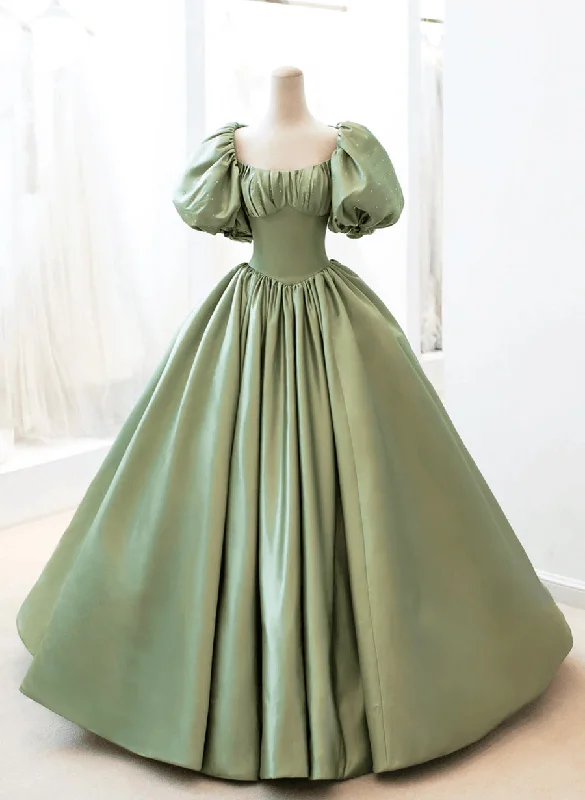 Green Satin Puffy Sleeves Long Formal Dress, Green Satin Prom Dress Party Dress Tunics Satin smooth