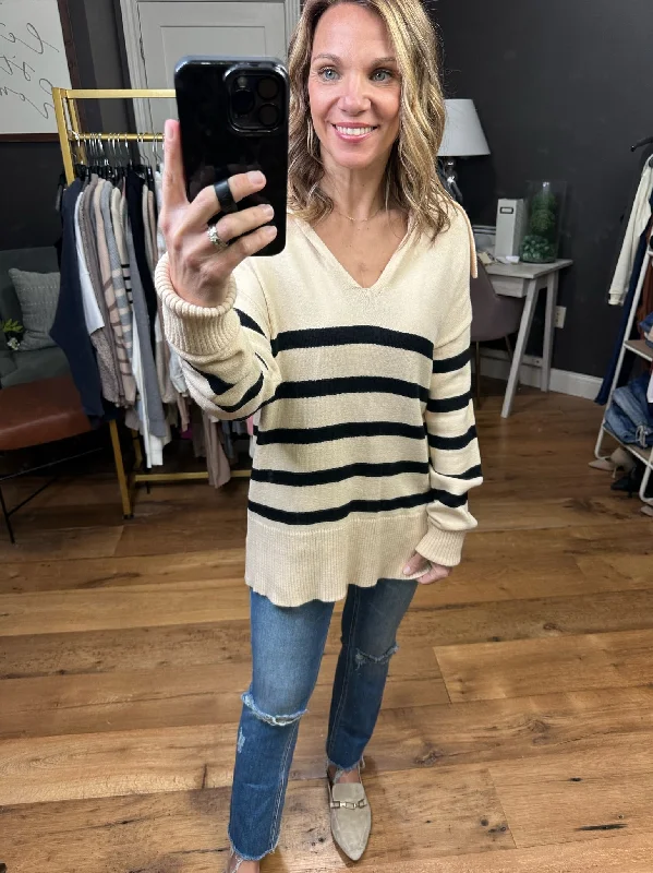 Long Before Striped V-Neck Sweater - Natural/Black Glossy Satin Silk