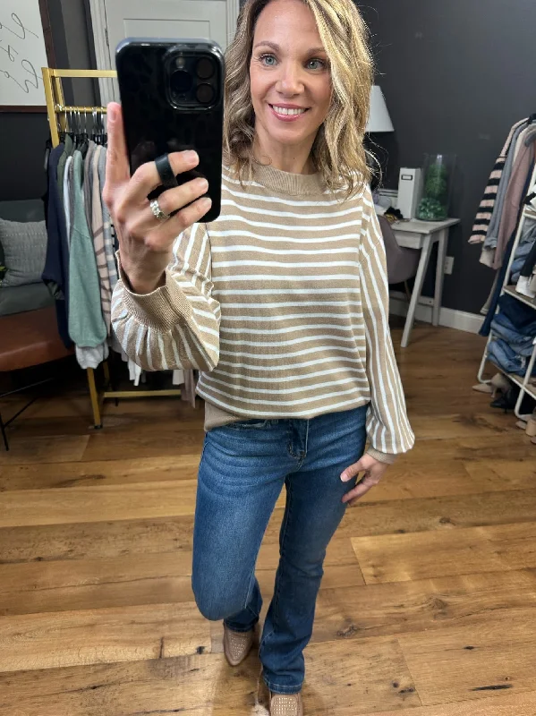 On The Dot Striped Sweater With Balloon Sleeve Detail - Taupe Toggled Drawstring Belted