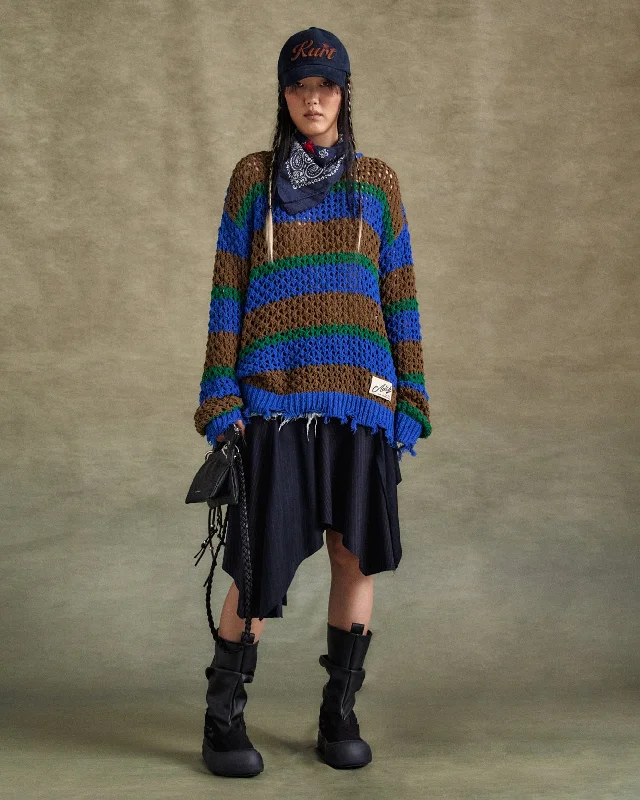 UNISEX DAMAGED STRIPE BOATNECK SWEATER atb1239u(BLUE/GREEN) Satin Blend Silk Blend Wool Blend