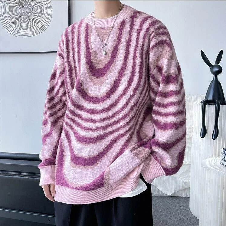 Y2K Wavy Striped Knitted Sweater Notch Collar Peter Pan Collar Cowl Neck