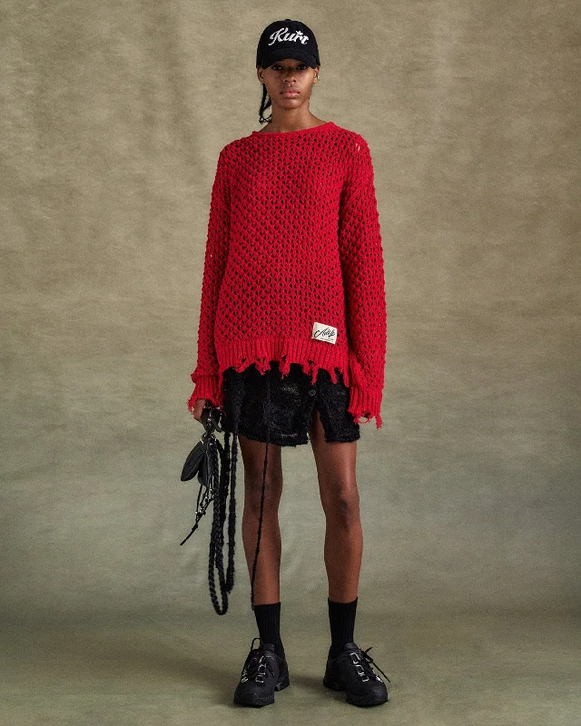 UNISEX DAMAGED BOATNECK SWEATER atb1240u(RED) Solid Print Embellished