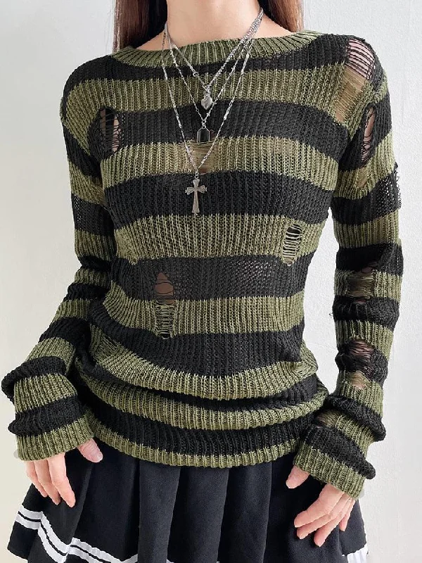 Grunge Distressed Striped Sweater Layered Multi-layer Single Layer