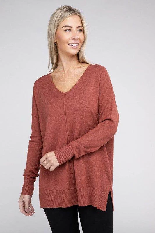 ZENANA Garment Dyed Front Seam Sweater Zippered Buttoned Snapped