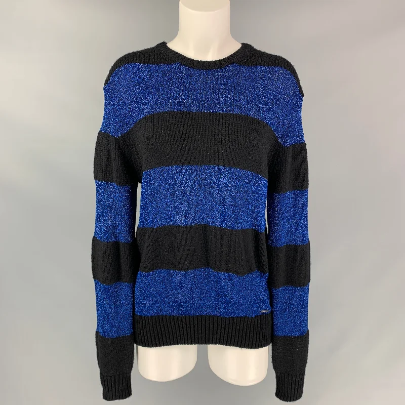 DSQUARED2 Size M Black & Blue Metallic Wool Blend Crew-Neck Sweater Terry Terry Cloth Terry Knit