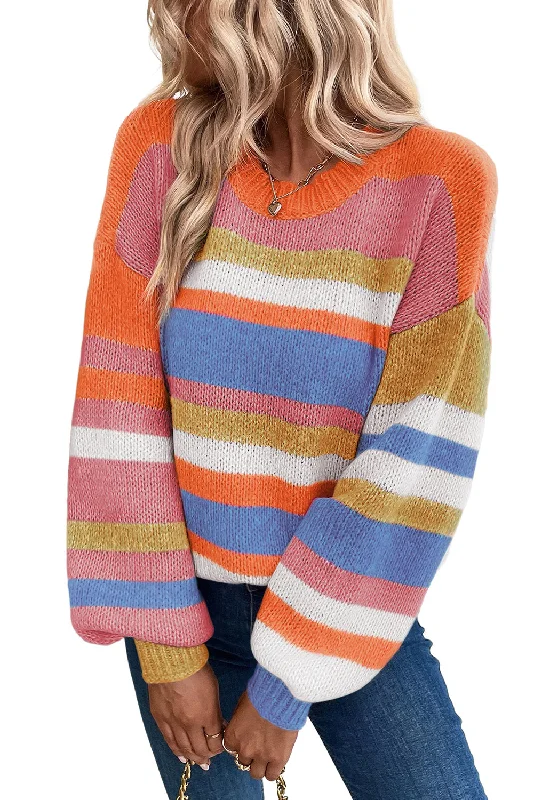 Multicolour Striped Knit Drop Shoulder Puff Sleeve Sweater Spandex Blend Rayon Blend Denim Blend
