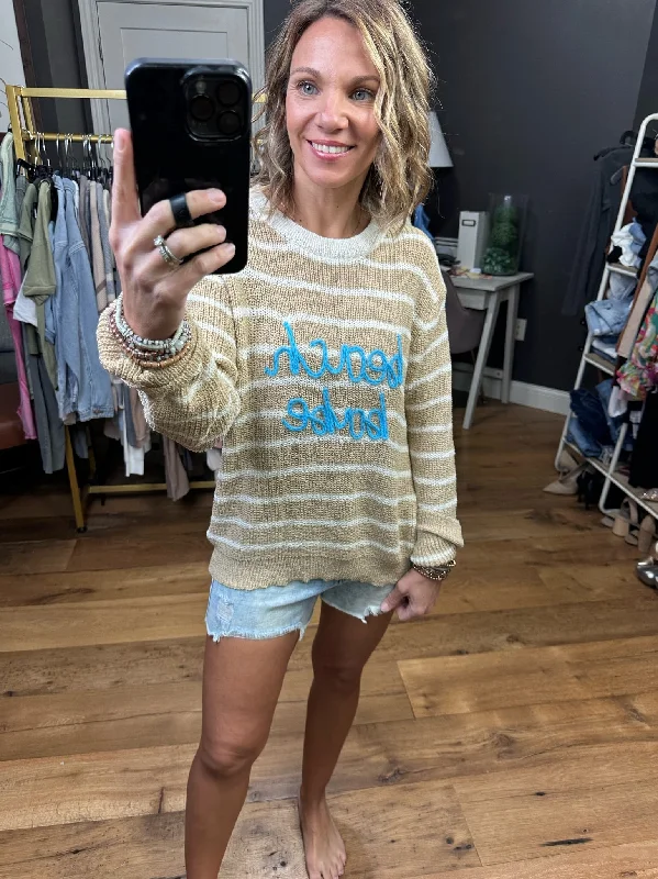 Beach Mode Knit Striped Sweater - Taupe/Ivory Machine Wash Dry Clean Hand Wash