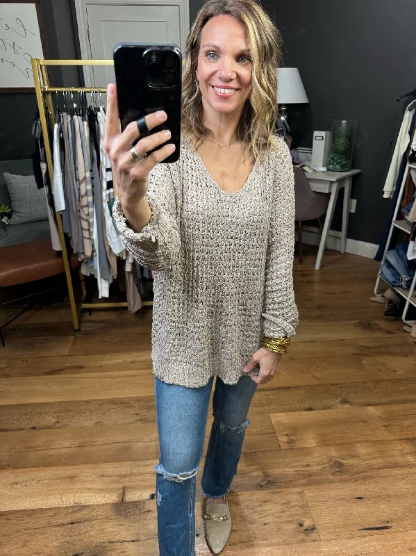 Sign Me Up Lightweight Knit Sweater - Mocha Herringbone Houndstooth Plaid