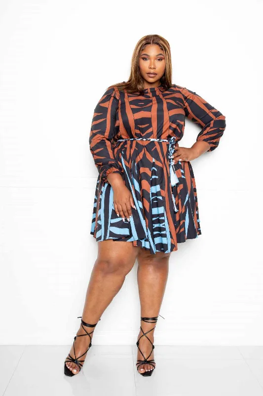 Mini Tie Waist Dress With Contrast Animal Print Fashionable Button-Front Mini Dress