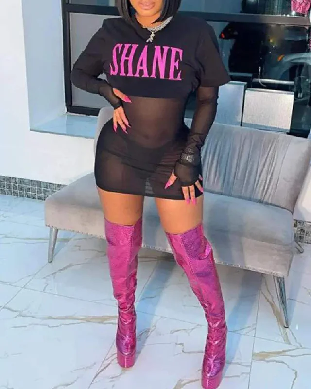 SHEER MESH MINI DRESS WITH LETTER PRINT CROP TOP Stylish Short Sleeve Mini Dress