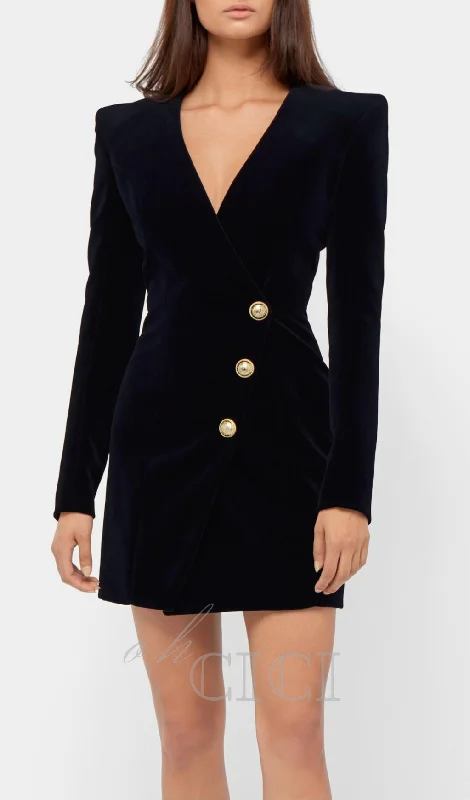 HEDDA BLACK VELVET V-NECK METAL BUTTON MINI DRESS Classic Shift Mini Dress